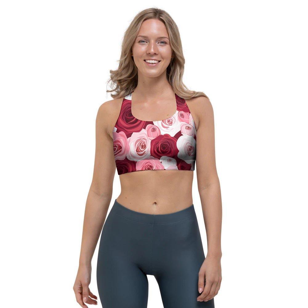Red And Pink Rose Floral Sports Bra-grizzshop