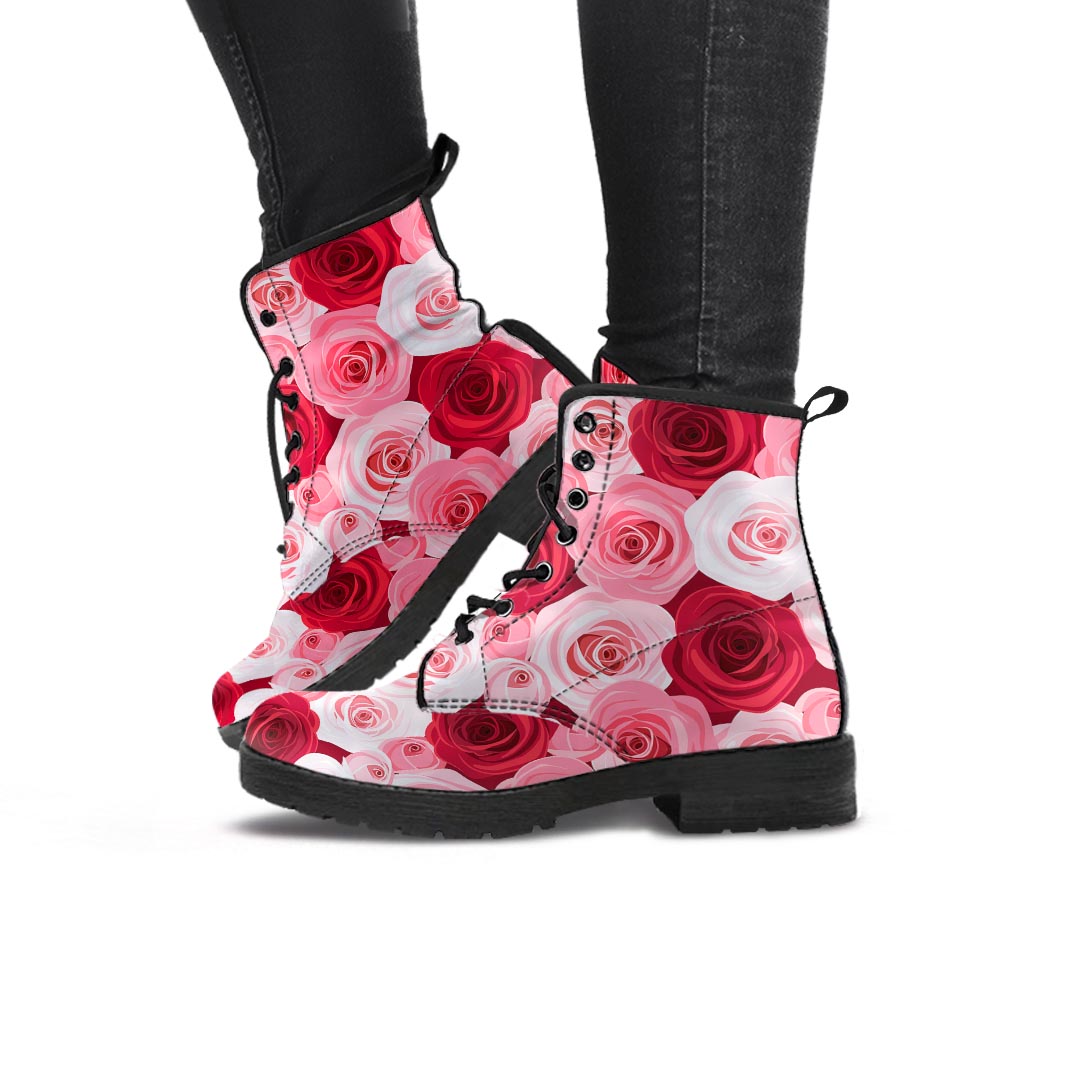 Red And Pink Rose Floral Women's Boots-grizzshop