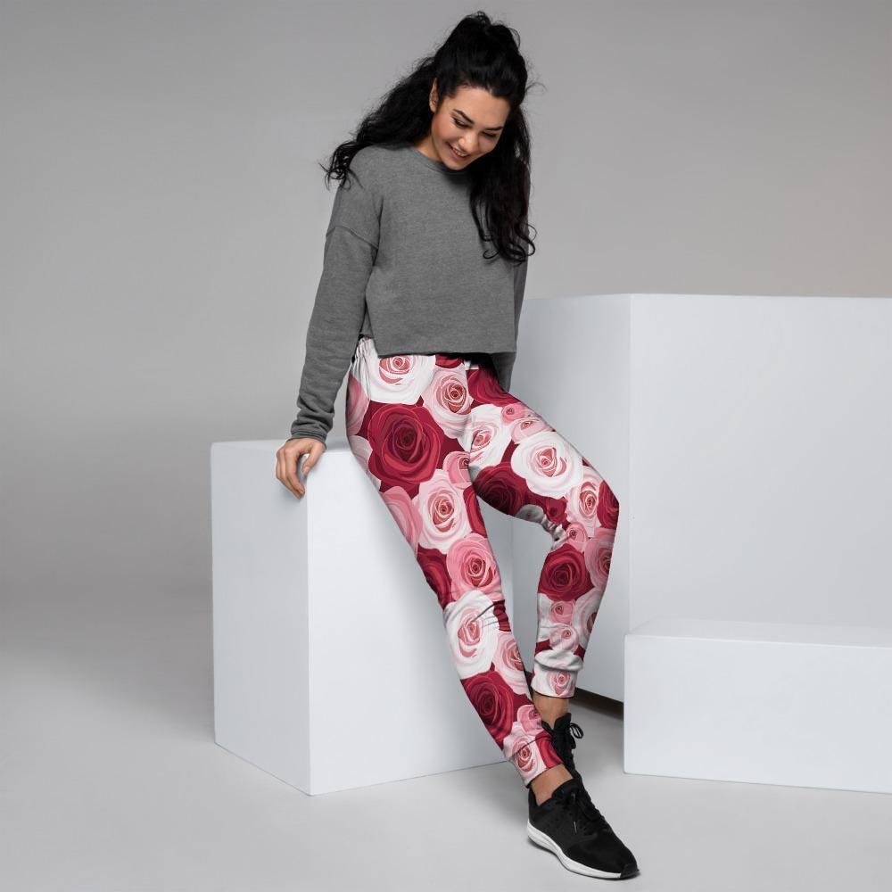 Red And Pink Rose Floral Women's Joggers-grizzshop