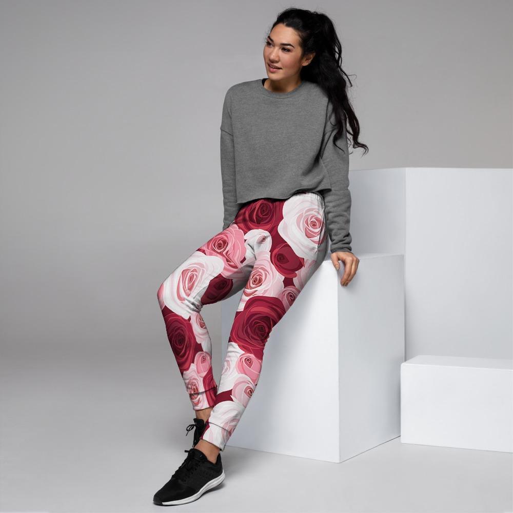 Red And Pink Rose Floral Women's Joggers-grizzshop