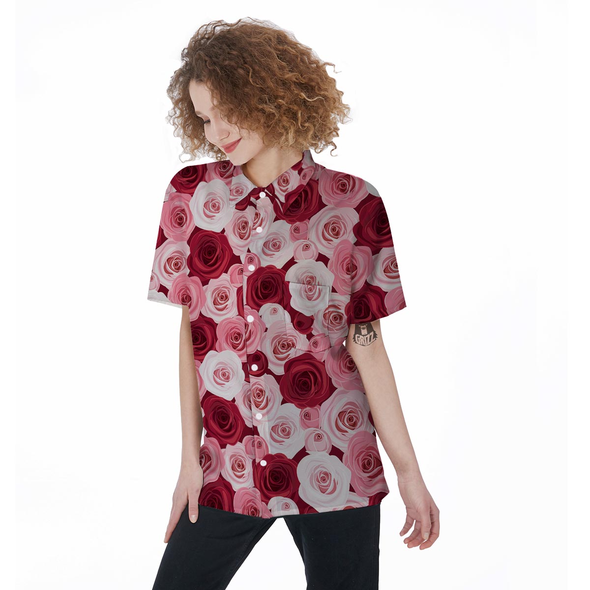 Red And Pink Rose Floral Women's Short Sleeve Shirts-grizzshop