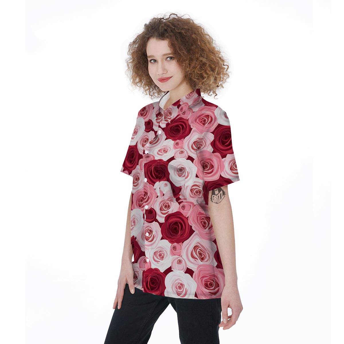 Red And Pink Rose Floral Women's Short Sleeve Shirts-grizzshop