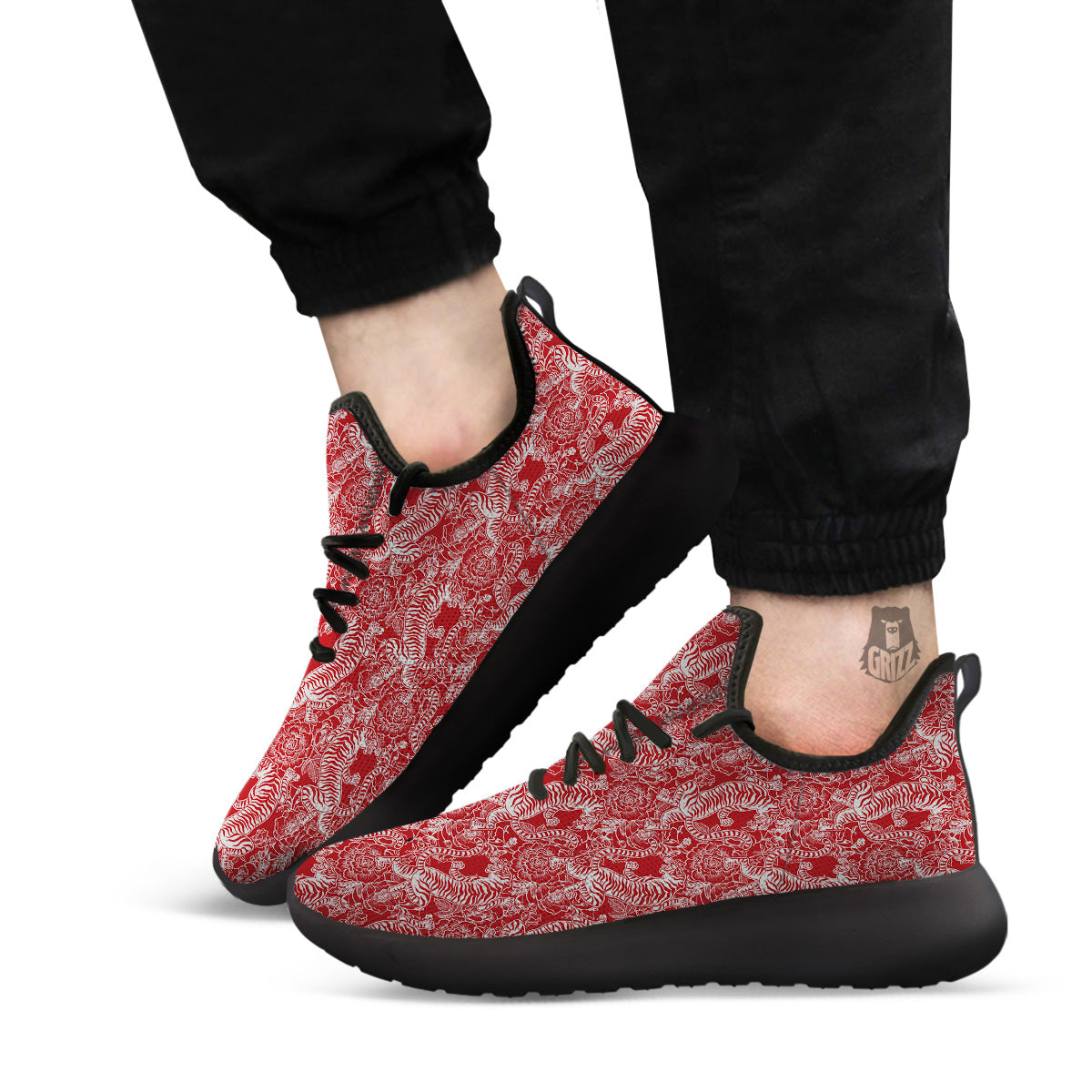 Red And White Chinese Tiger Print Pattern Black Athletic Shoes-grizzshop