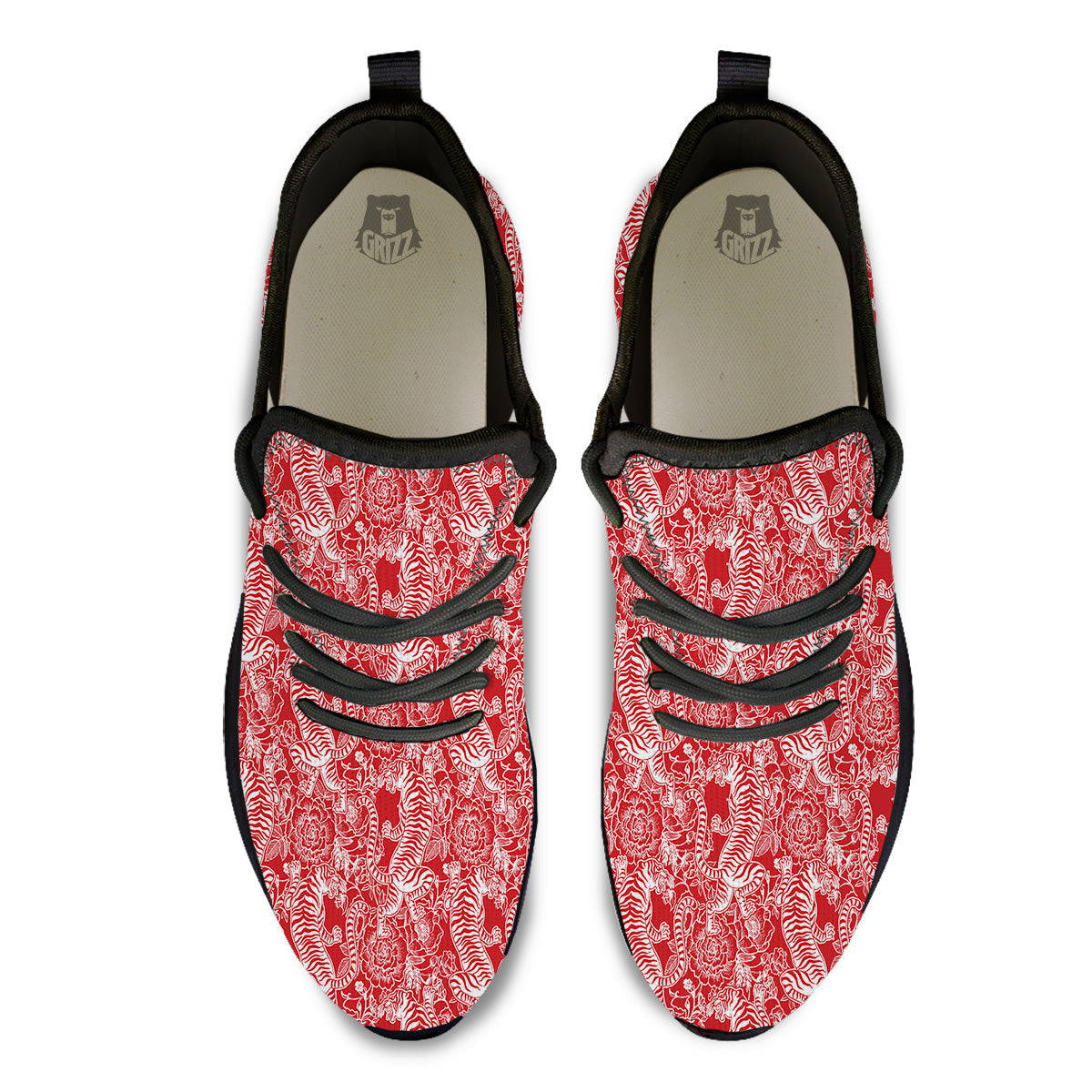 Red And White Chinese Tiger Print Pattern Black Athletic Shoes-grizzshop