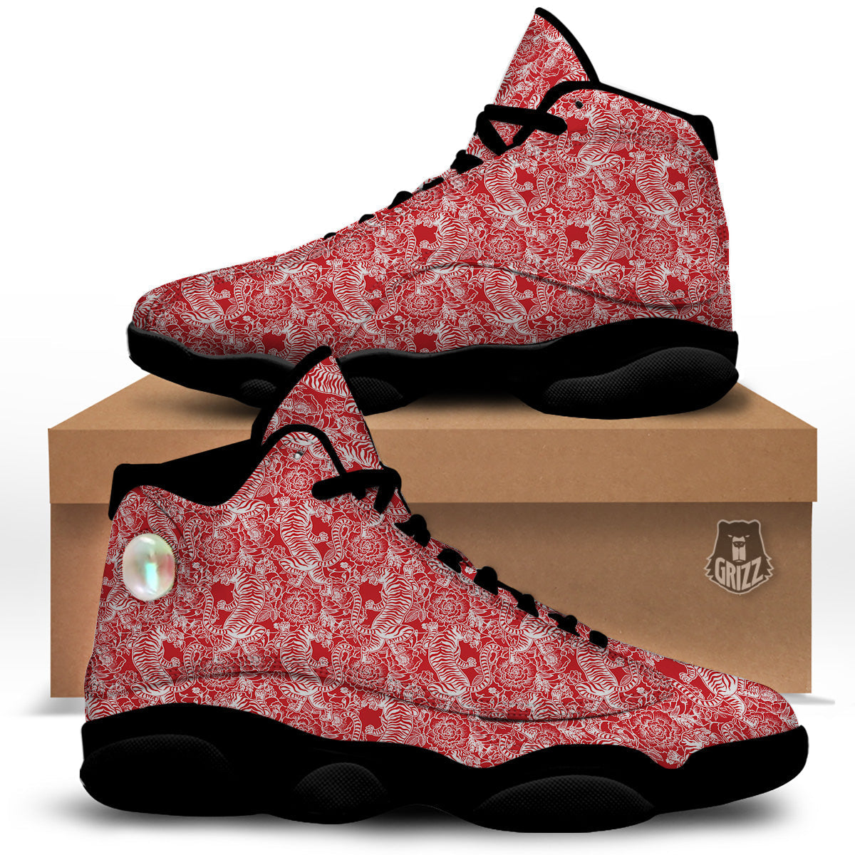 Red And White Chinese Tiger Print Pattern Black Basketball Shoes-grizzshop