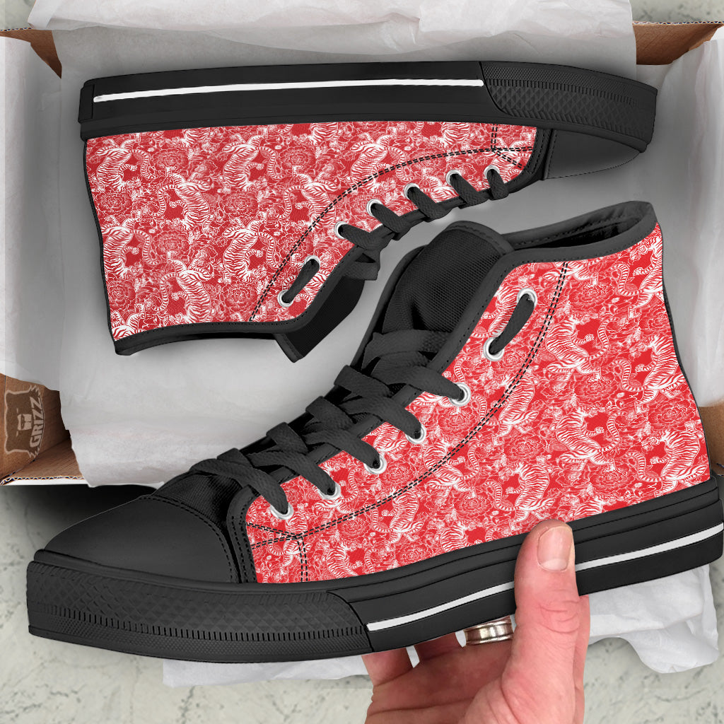 Red And White Chinese Tiger Print Pattern Black High Top Shoes-grizzshop