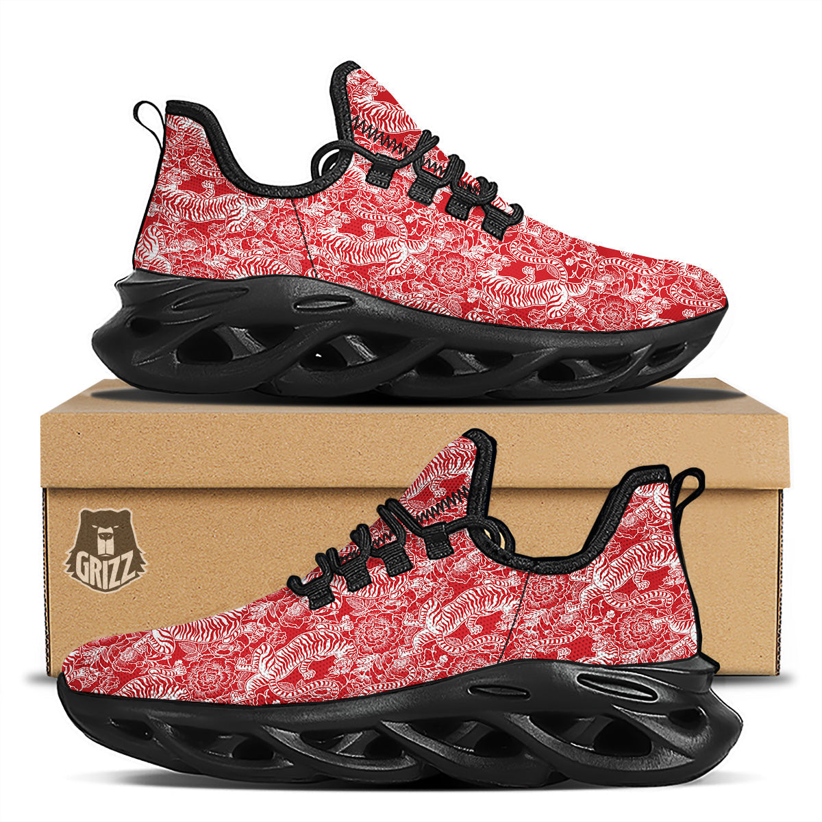 Red And White Chinese Tiger Print Pattern Black Running Shoes-grizzshop