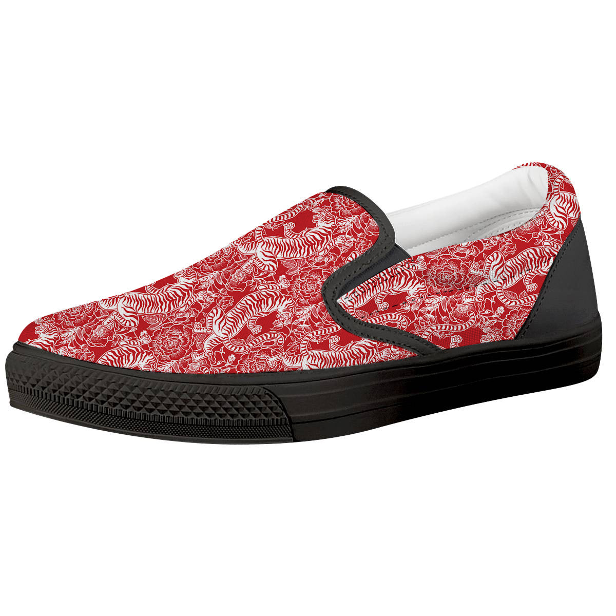 Red And White Chinese Tiger Print Pattern Black Slip On Shoes-grizzshop