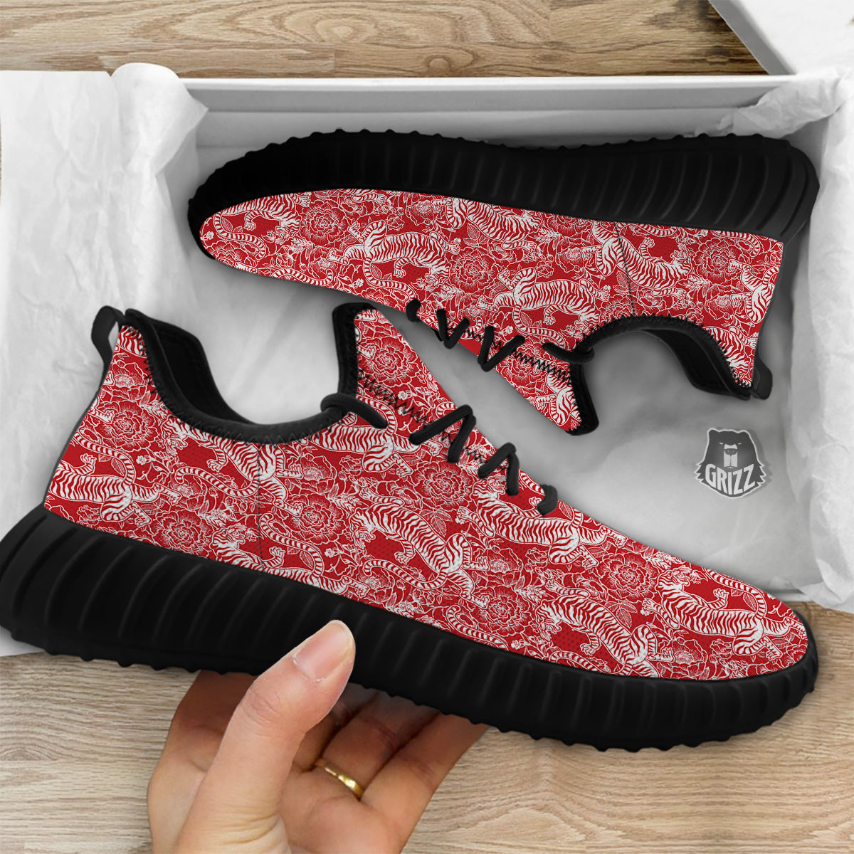 Red And White Chinese Tiger Print Pattern Black Walking Shoes-grizzshop