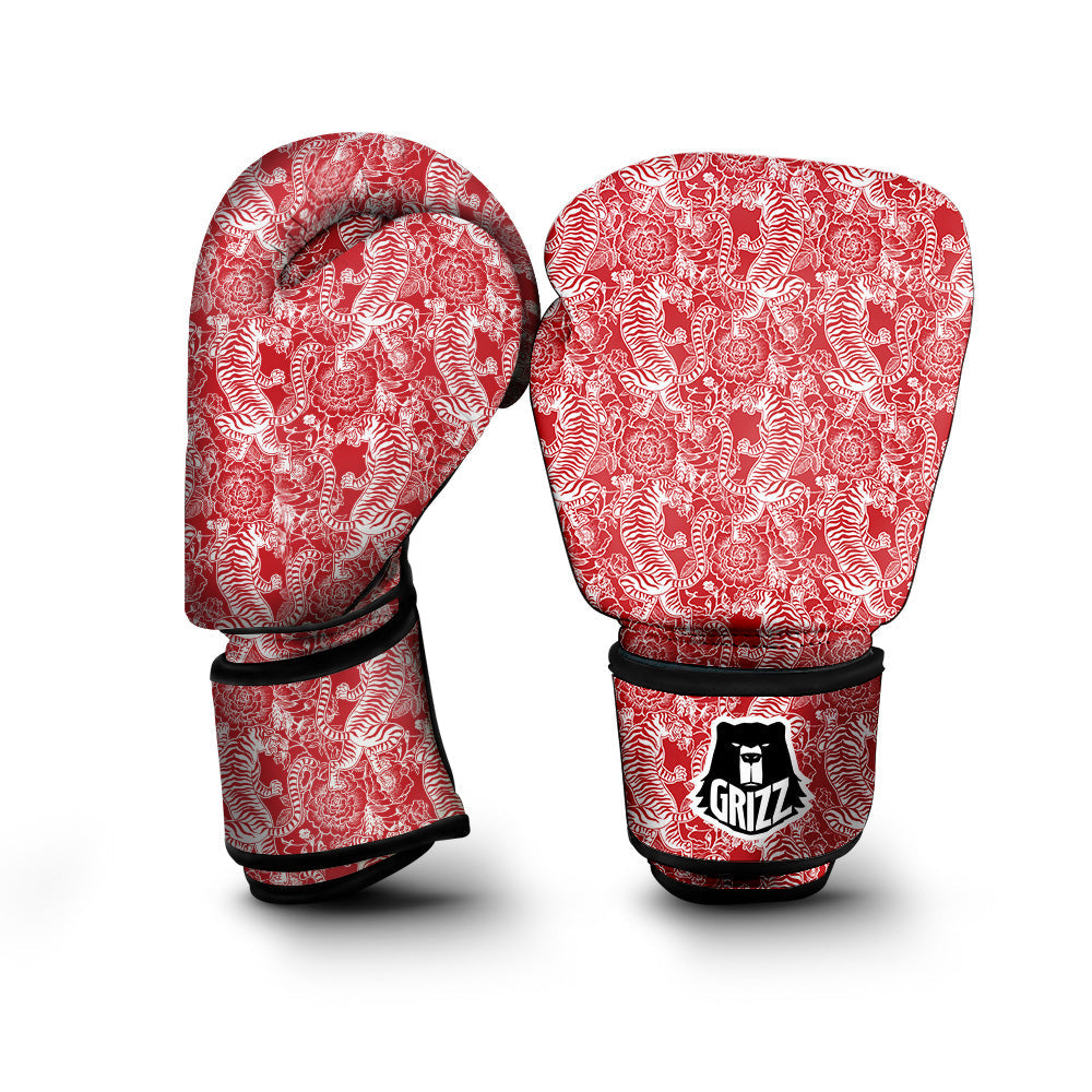 Red And White Chinese Tiger Print Pattern Boxing Gloves-grizzshop