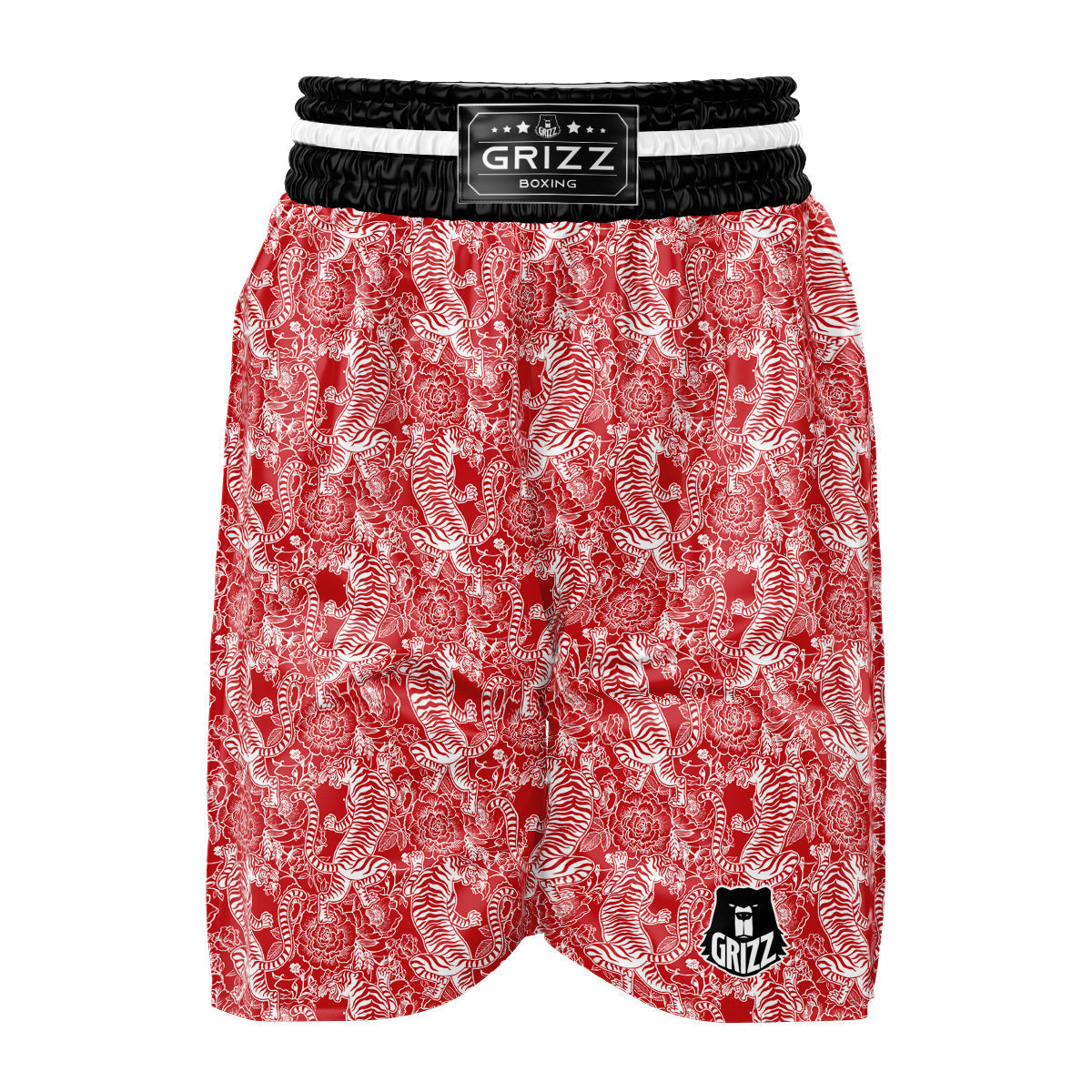 Red And White Chinese Tiger Print Pattern Boxing Shorts-grizzshop