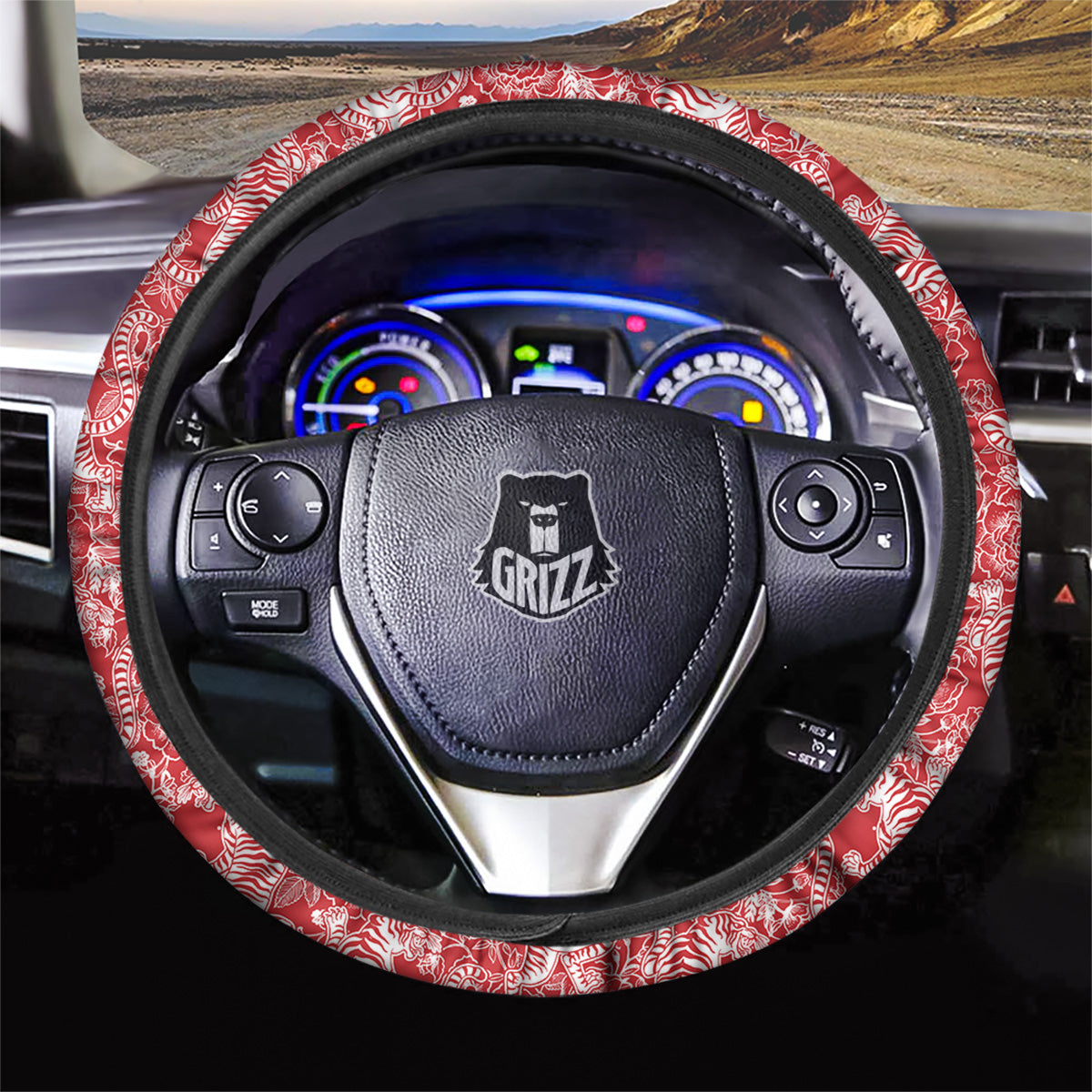 Red And White Chinese Tiger Print Pattern Car Steering Wheel Cover-grizzshop