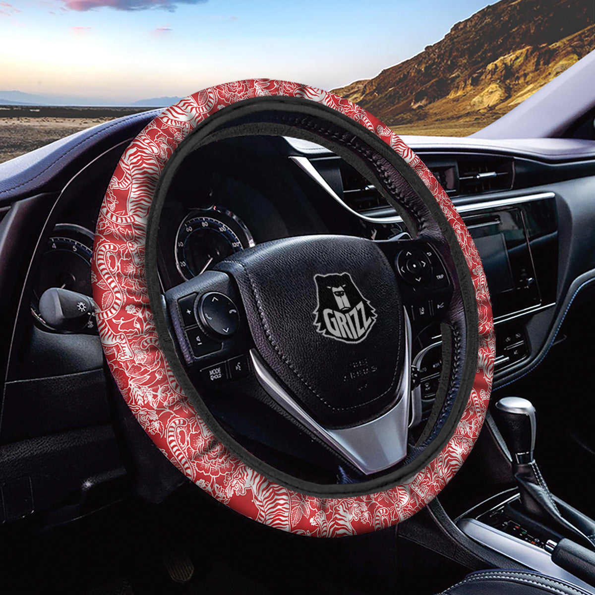 Red And White Chinese Tiger Print Pattern Car Steering Wheel Cover-grizzshop