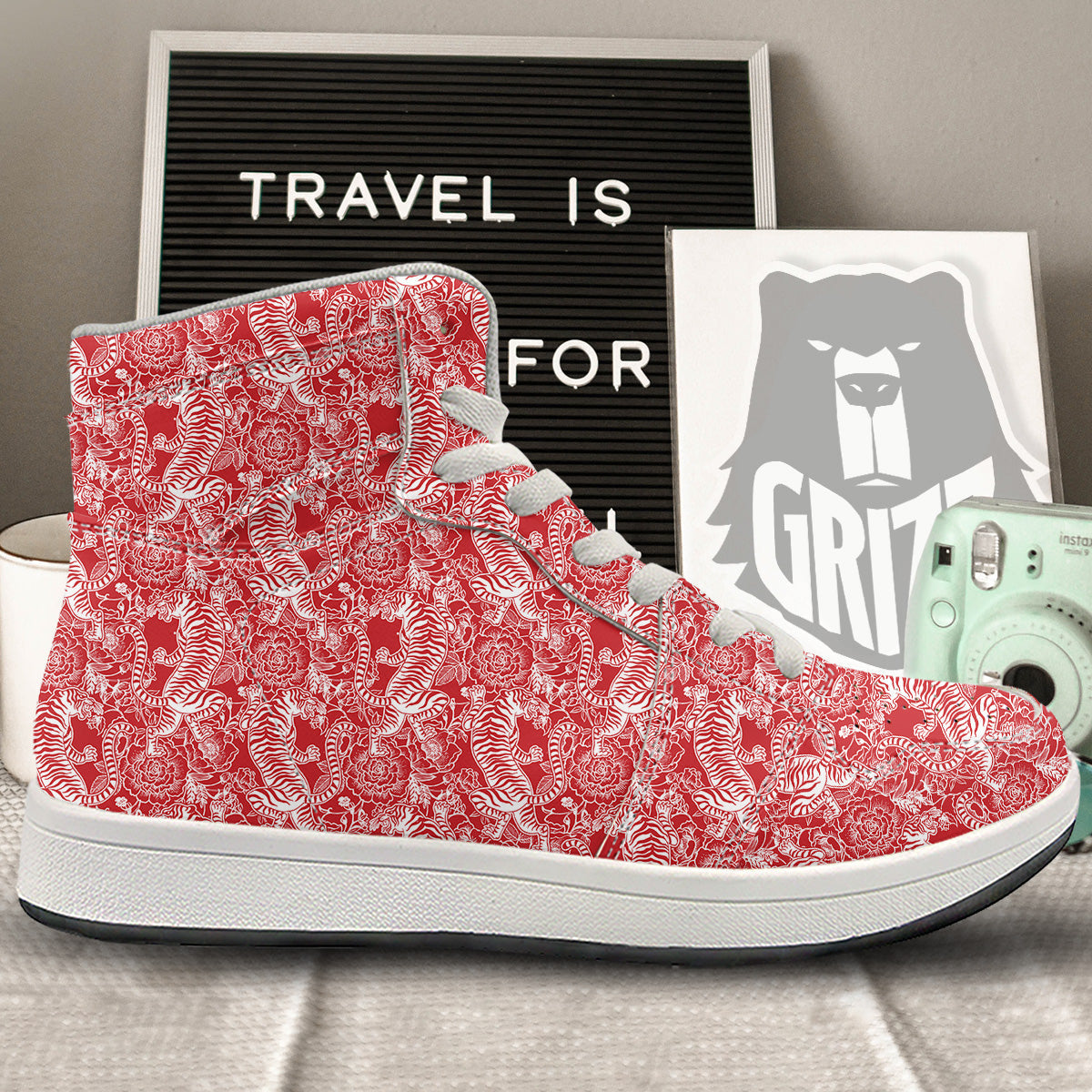 Red And White Chinese Tiger Print Pattern High Top Sneakers-grizzshop