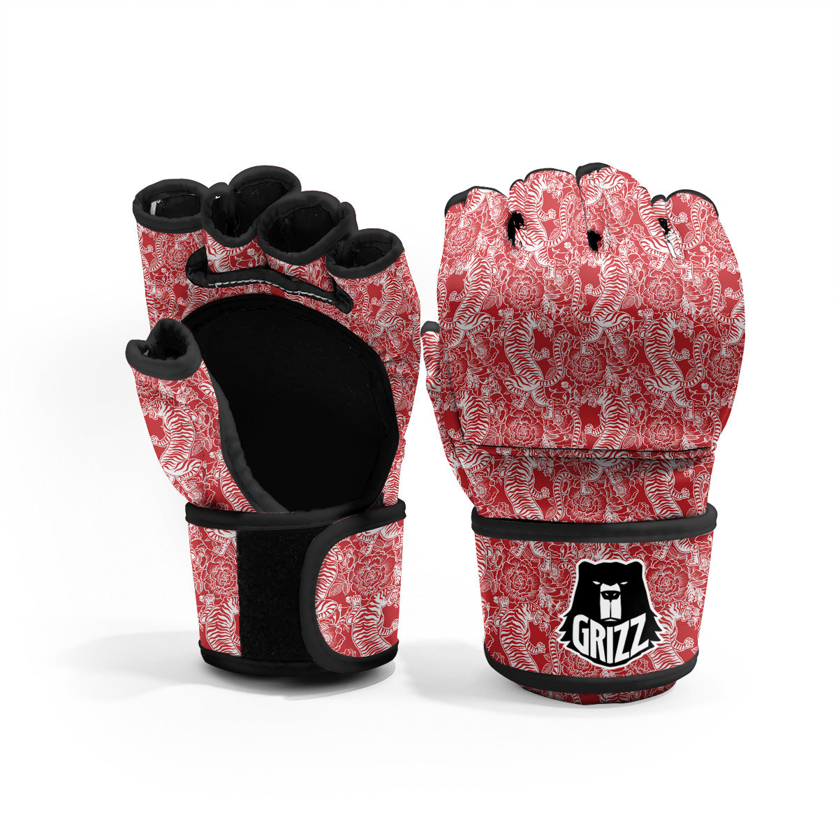 Red And White Chinese Tiger Print Pattern MMA Gloves-grizzshop