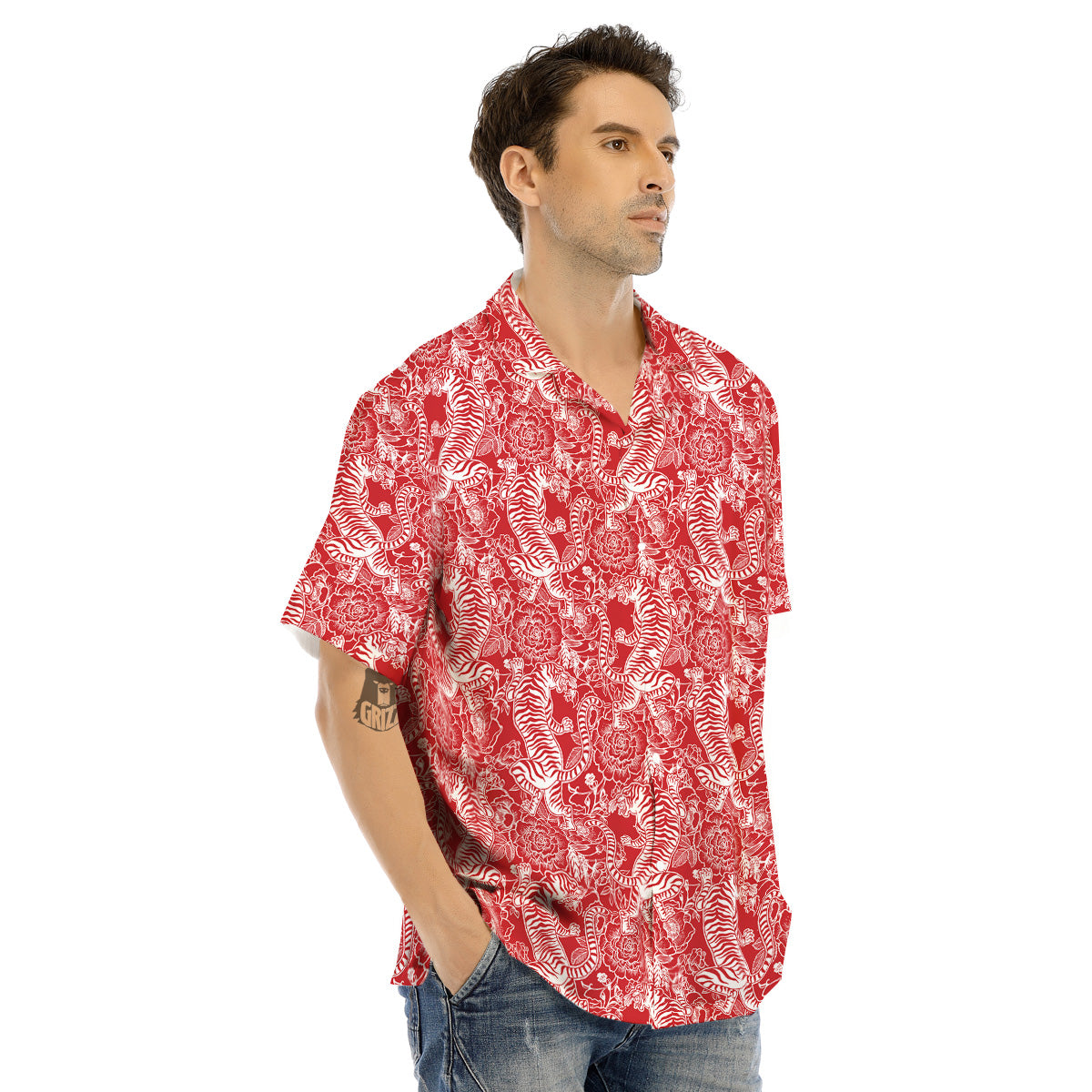 Red And White Chinese Tiger Print Pattern Men's Hawaiian Shirt-grizzshop