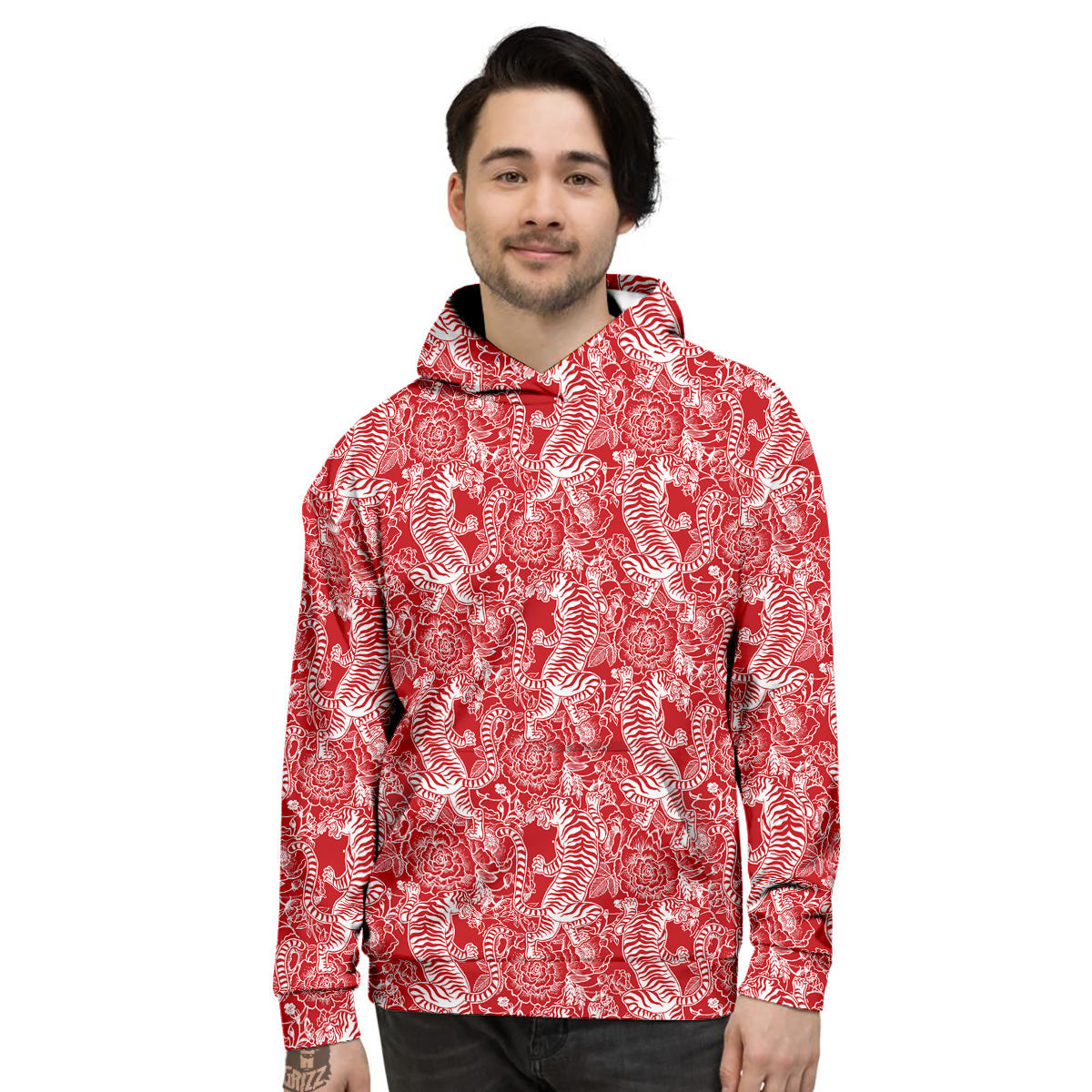 Red And White Chinese Tiger Print Pattern Men's Hoodie-grizzshop