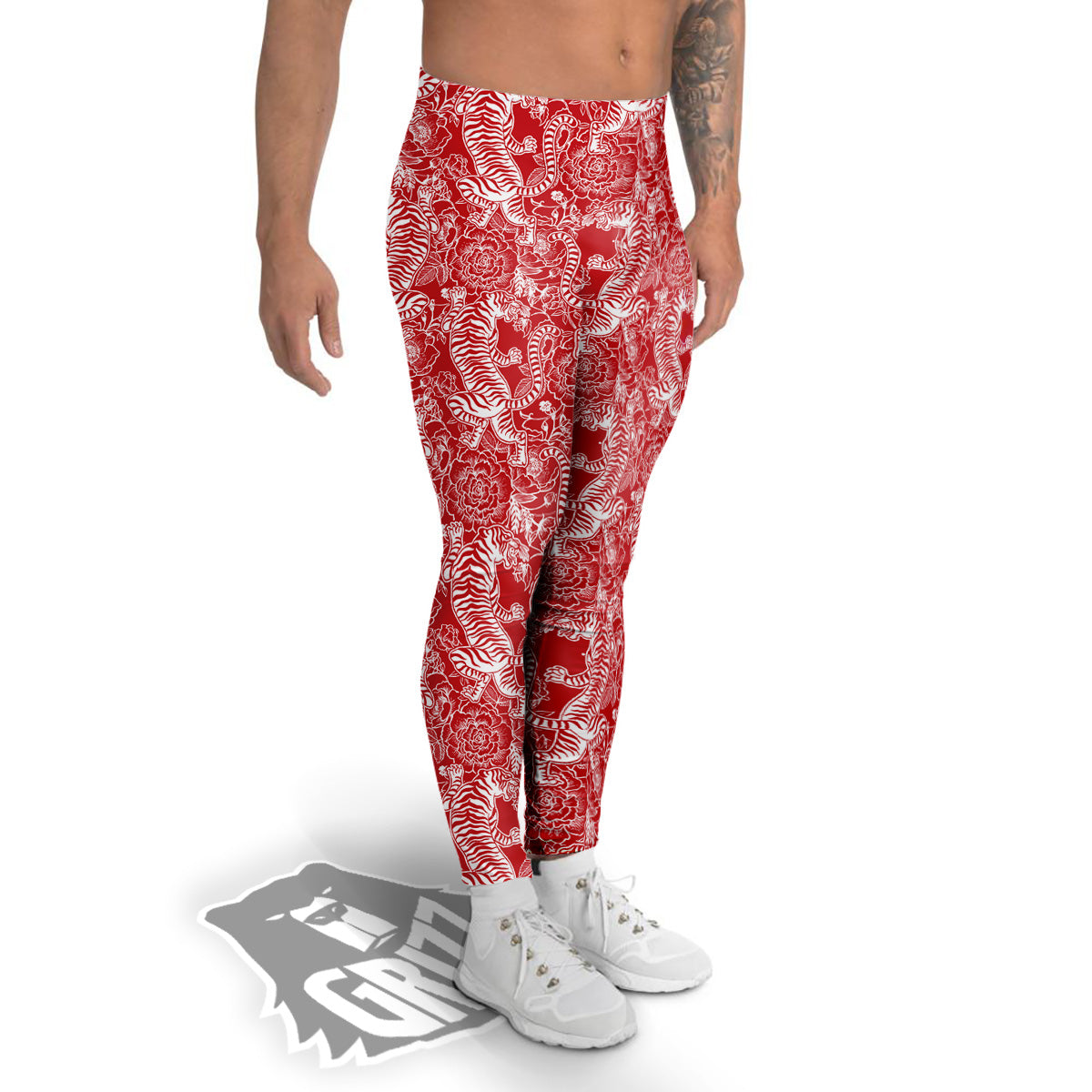 Red And White Chinese Tiger Print Pattern Men's Leggings-grizzshop