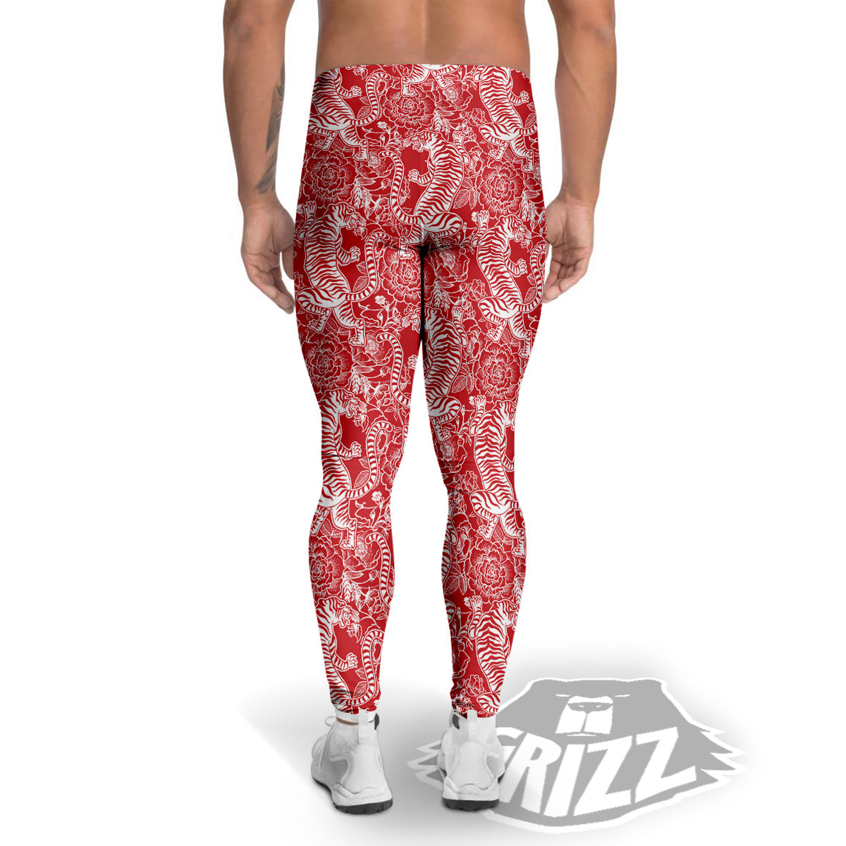 Red And White Chinese Tiger Print Pattern Men's Leggings-grizzshop