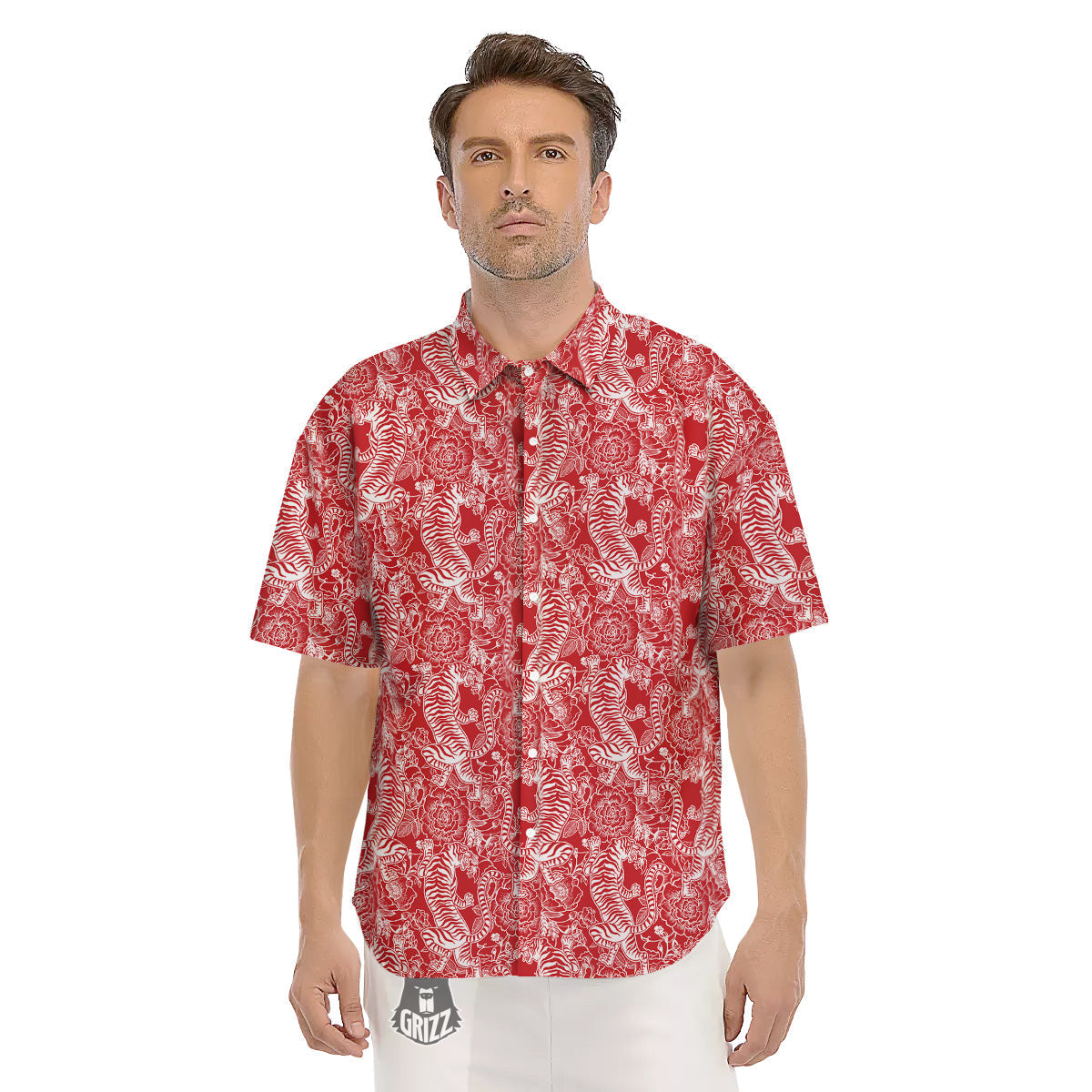 Red And White Chinese Tiger Print Pattern Men's Short Sleeve Shirts-grizzshop