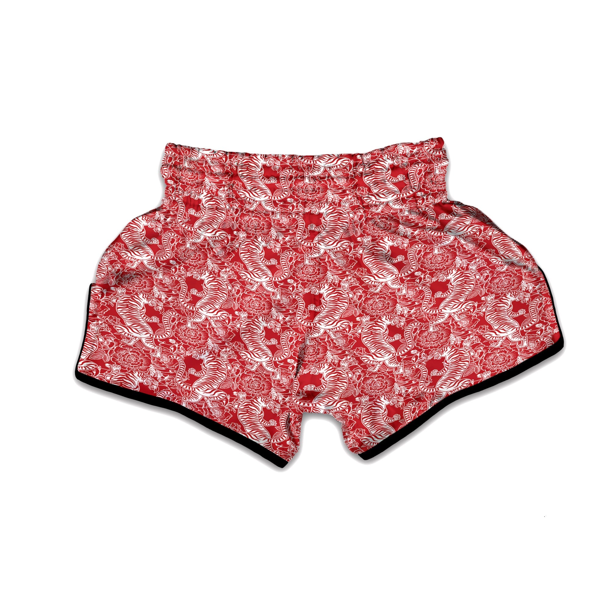 Red And White Chinese Tiger Print Pattern Muay Thai Boxing Shorts-grizzshop