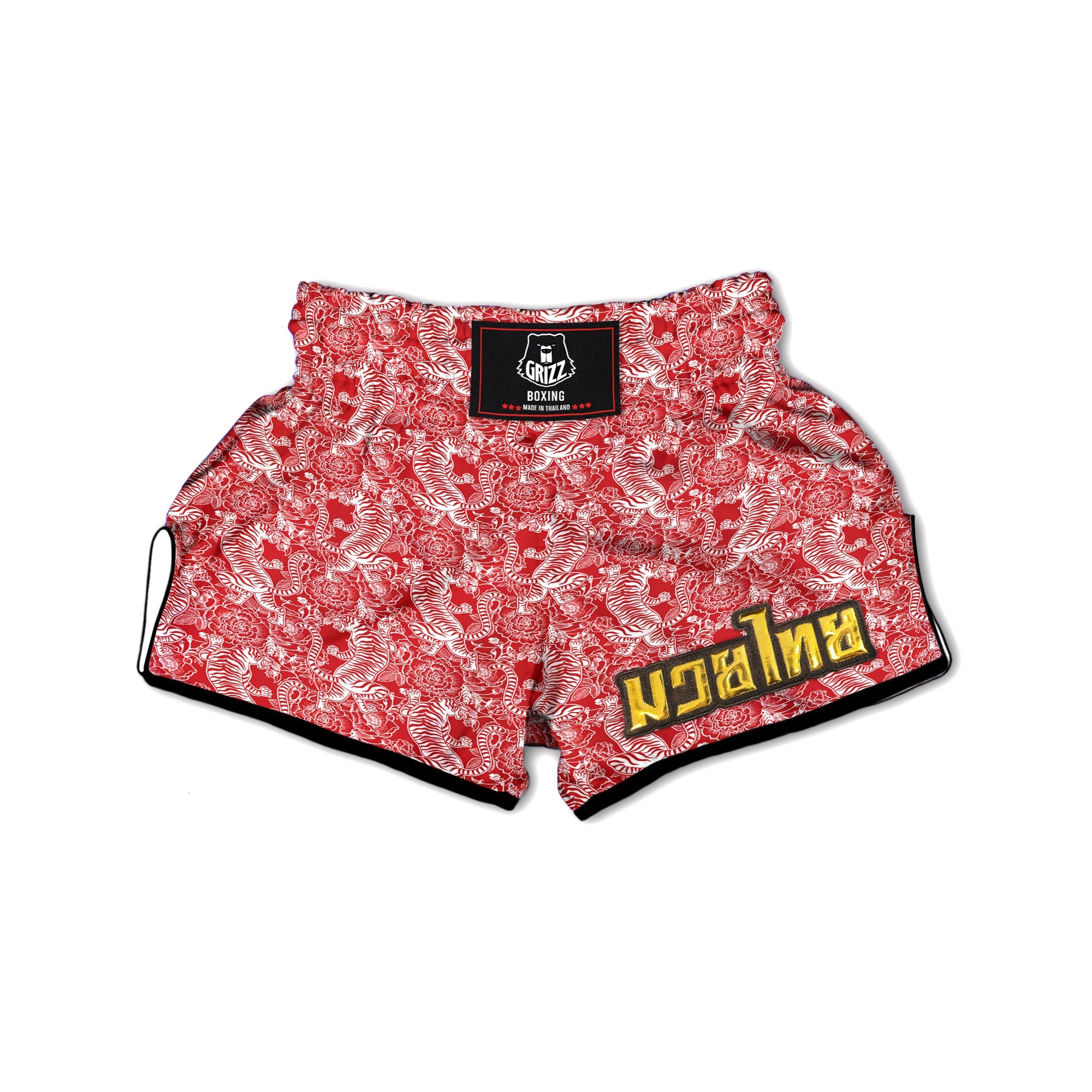 Red And White Chinese Tiger Print Pattern Muay Thai Boxing Shorts-grizzshop
