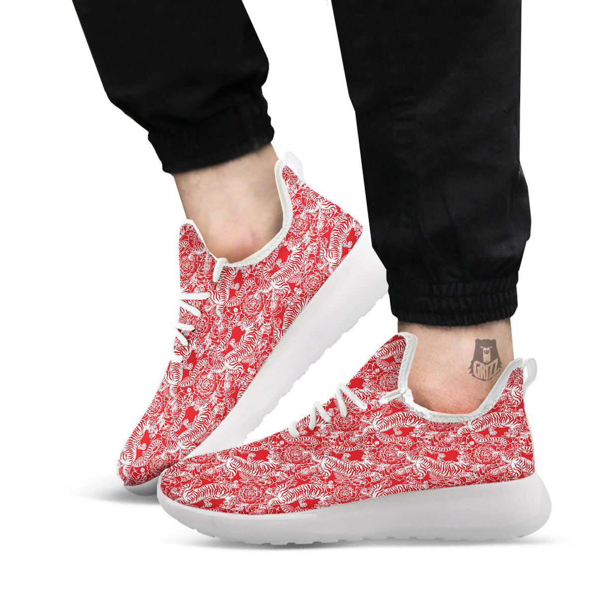 Red And White Chinese Tiger Print Pattern White Athletic Shoes-grizzshop