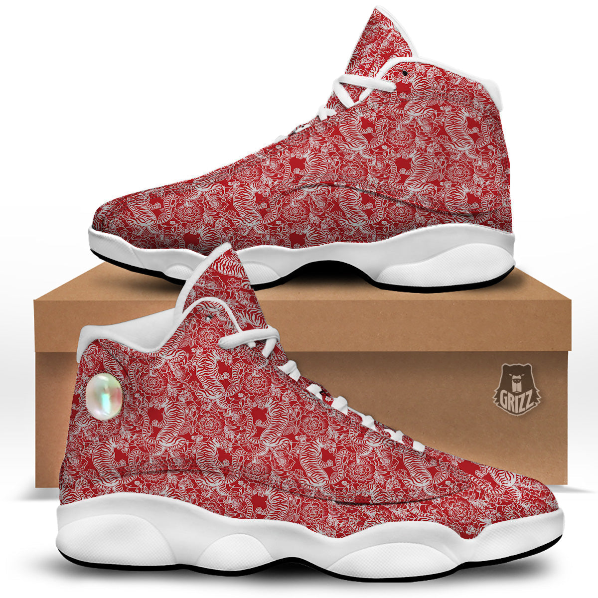 Red And White Chinese Tiger Print Pattern White Basketball Shoes-grizzshop