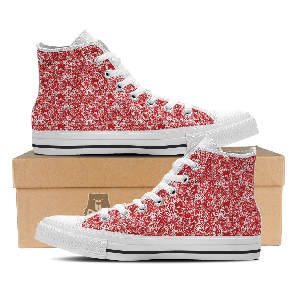 Red And White Chinese Tiger Print Pattern White High Top Shoes-grizzshop