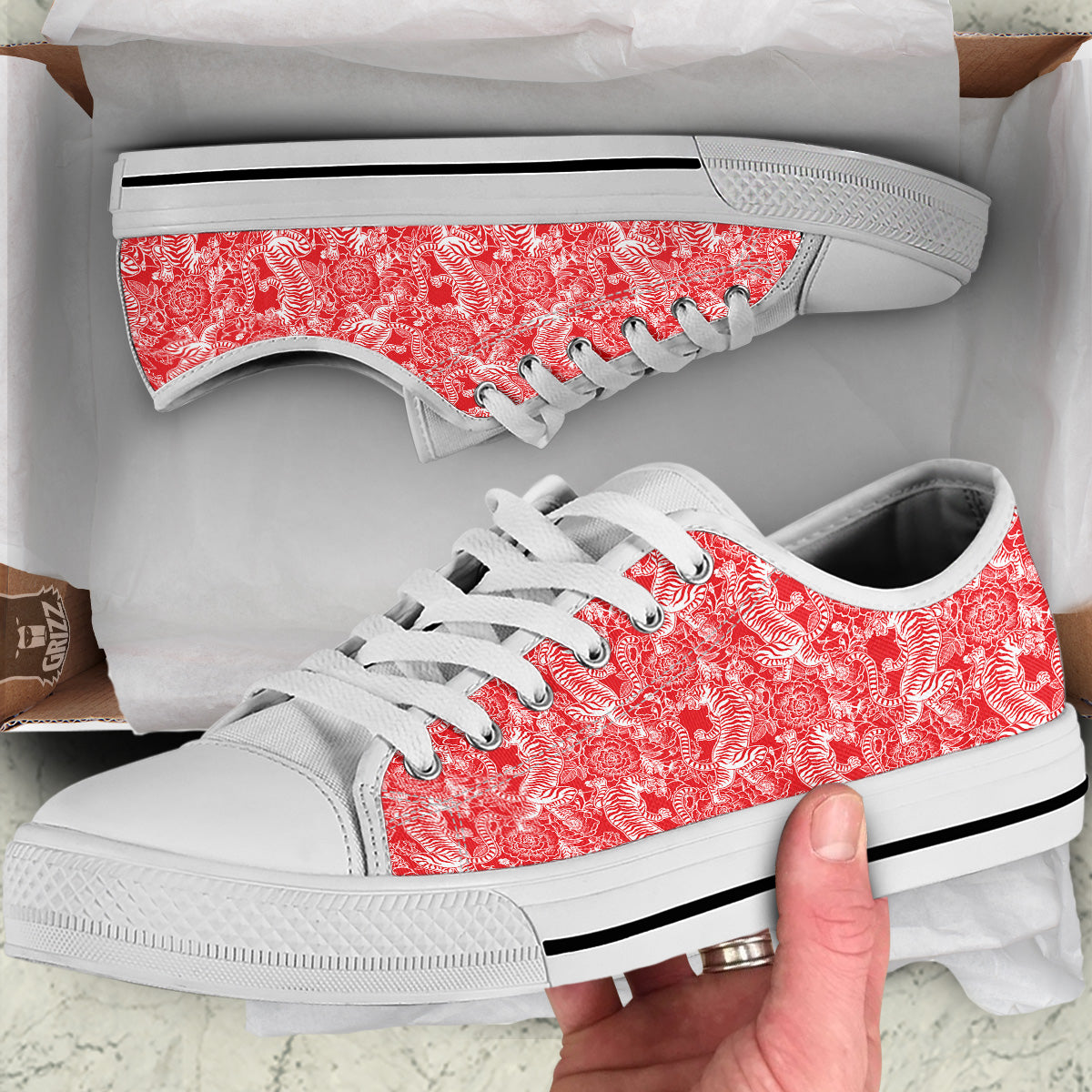Red And White Chinese Tiger Print Pattern White Low Top Shoes-grizzshop