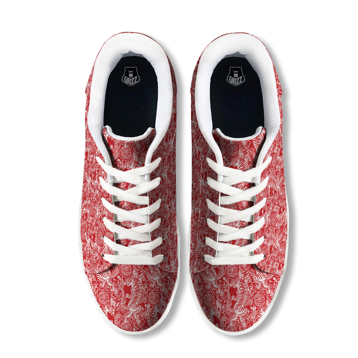 Red And White Chinese Tiger Print Pattern White Low Top Sneakers-grizzshop