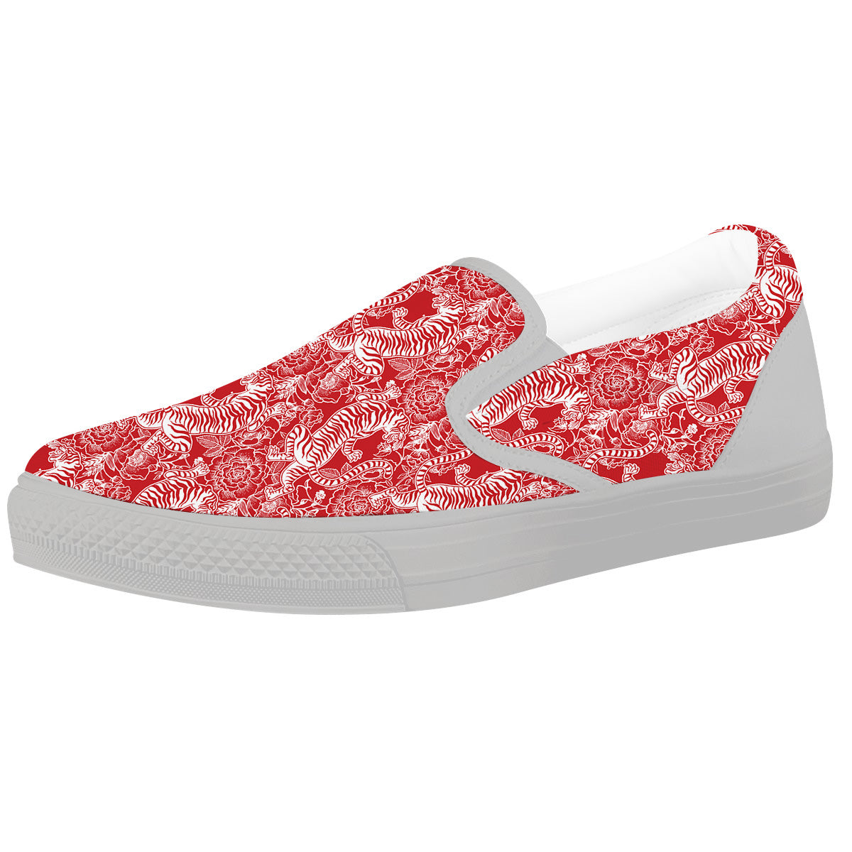Red And White Chinese Tiger Print Pattern White Slip On Shoes-grizzshop