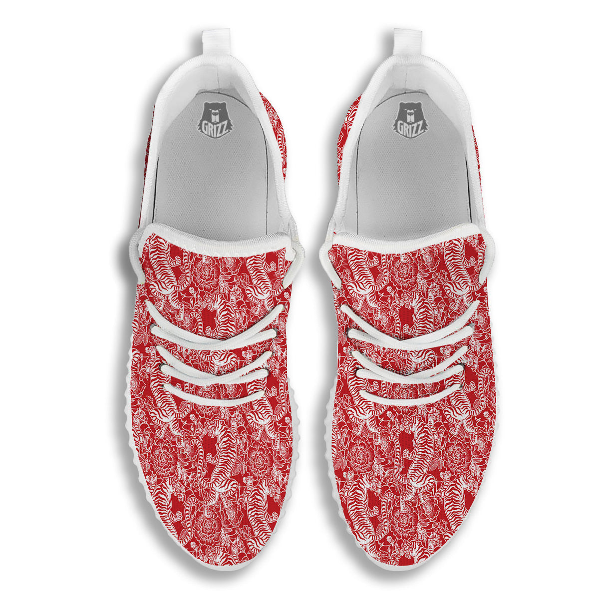 Red And White Chinese Tiger Print Pattern White Walking Shoes-grizzshop