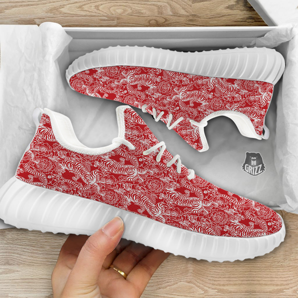 Red And White Chinese Tiger Print Pattern White Walking Shoes-grizzshop