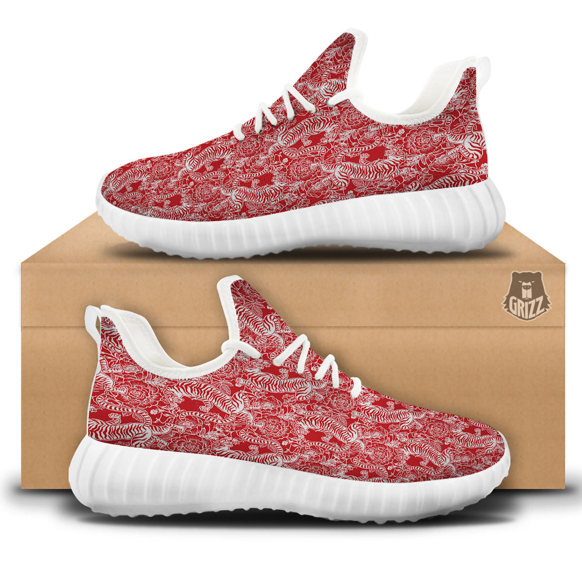 Red And White Chinese Tiger Print Pattern White Walking Shoes-grizzshop