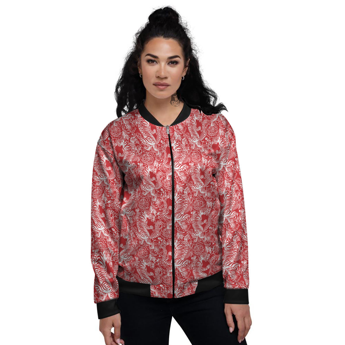 Red And White Chinese Tiger Print Pattern Women's Bomber Jacket-grizzshop