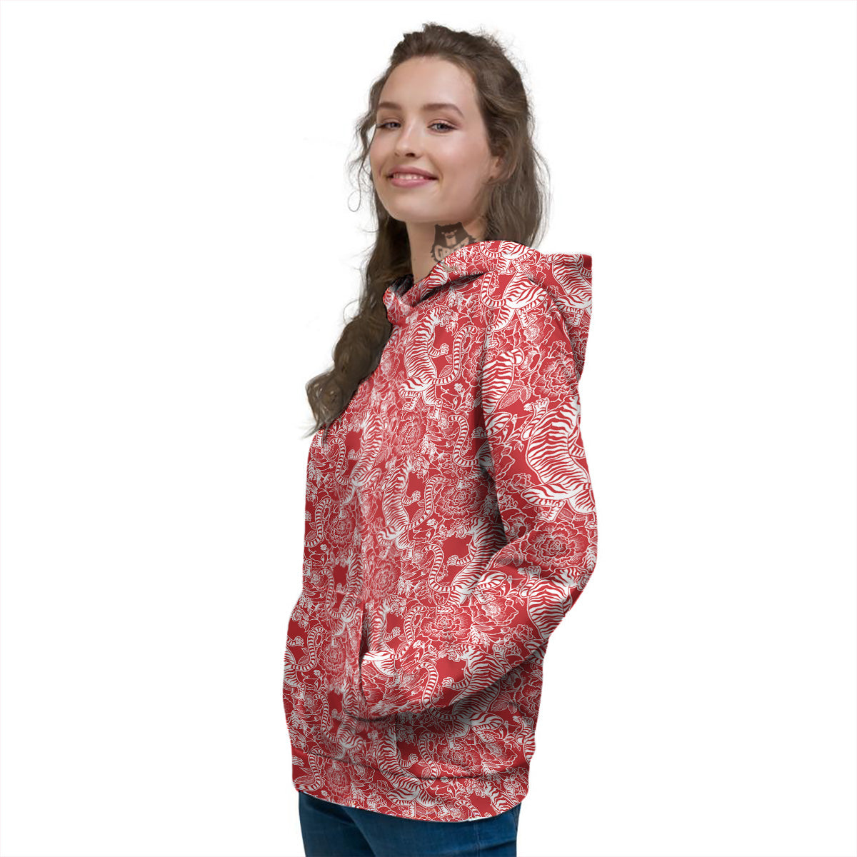 Red And White Chinese Tiger Print Pattern Women's Hoodie-grizzshop