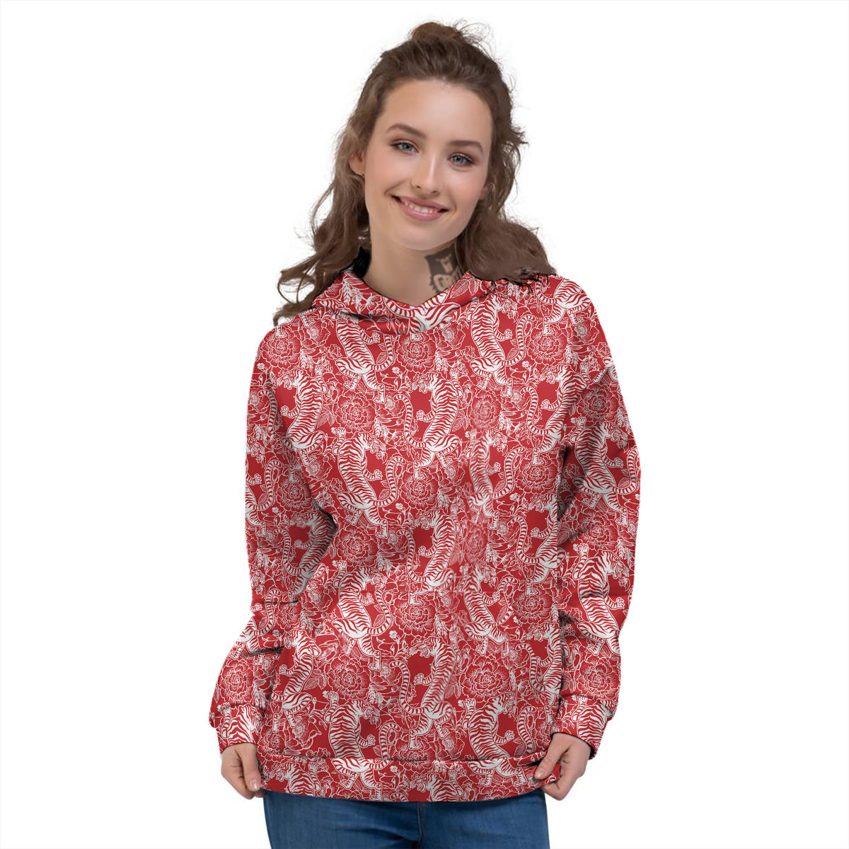 Red And White Chinese Tiger Print Pattern Women's Hoodie-grizzshop