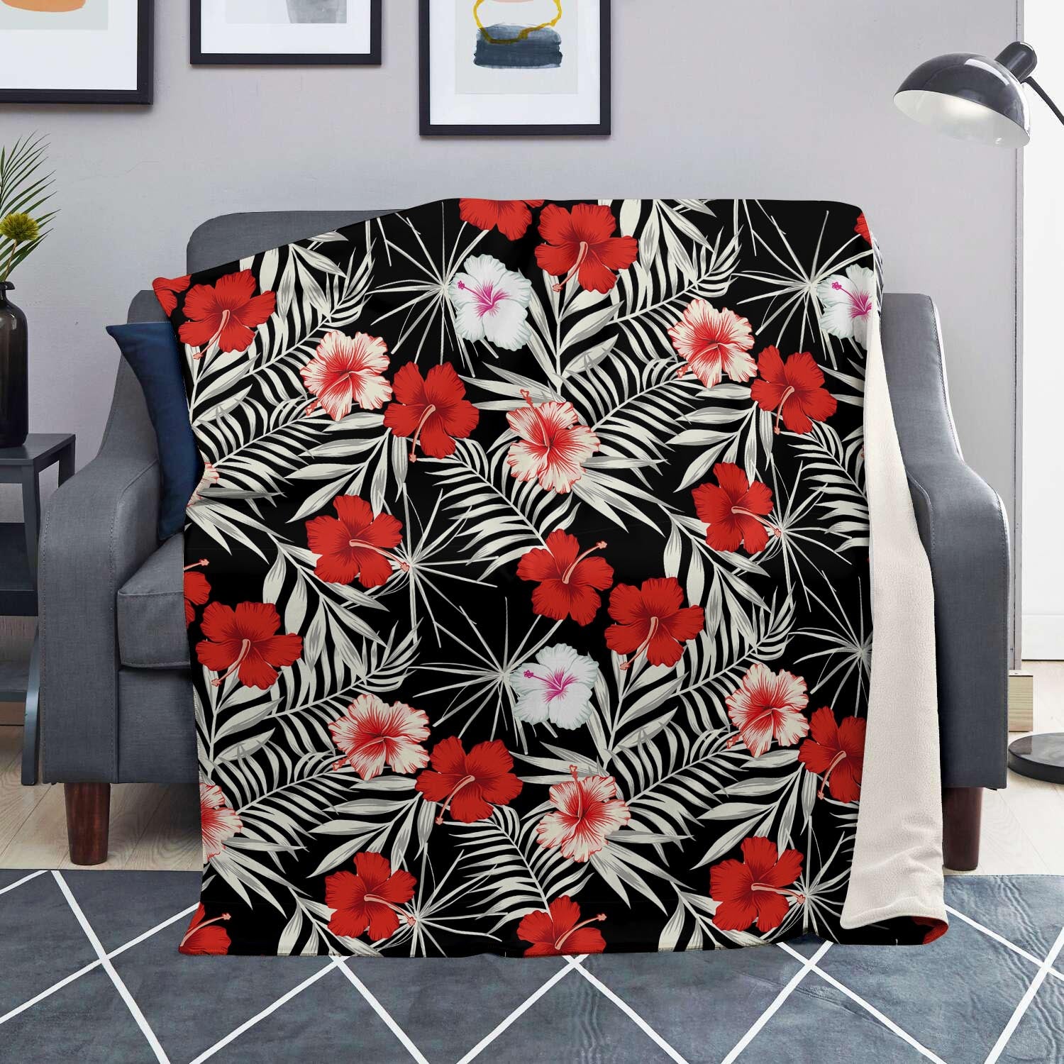 Red And White Hibiscus Flowers Hawaiian Print Blanket-grizzshop