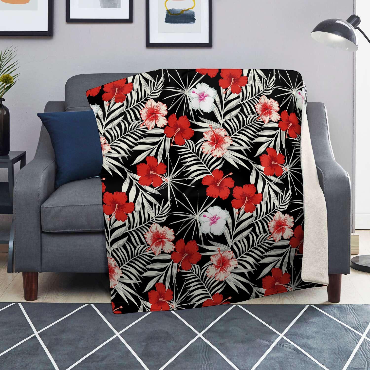 Red And White Hibiscus Flowers Hawaiian Print Blanket-grizzshop