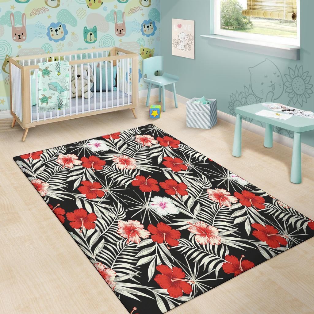 Red And White Hibiscus Flowers Hawaiian Print Floor Mat-grizzshop