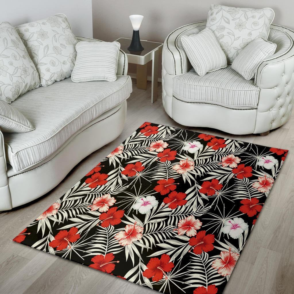 Red And White Hibiscus Flowers Hawaiian Print Floor Mat-grizzshop