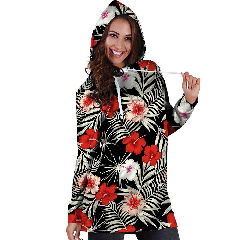 Red And White Hibiscus Flowers Hawaiian Print Hoodie Dress-grizzshop