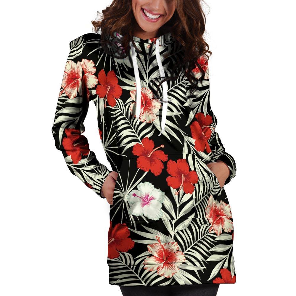 Red And White Hibiscus Flowers Hawaiian Print Hoodie Dress-grizzshop