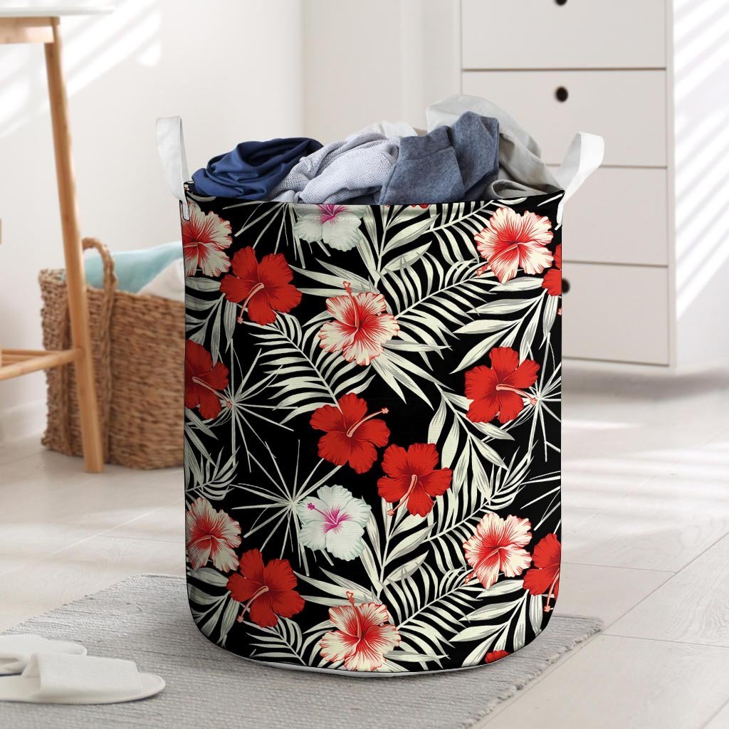Red And White Hibiscus Flowers Hawaiian Print Laundry Basket-grizzshop
