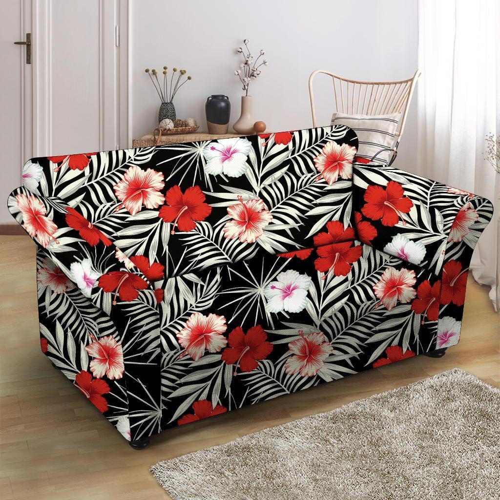 Red And White Hibiscus Flowers Hawaiian Print Loveseat Cover-grizzshop