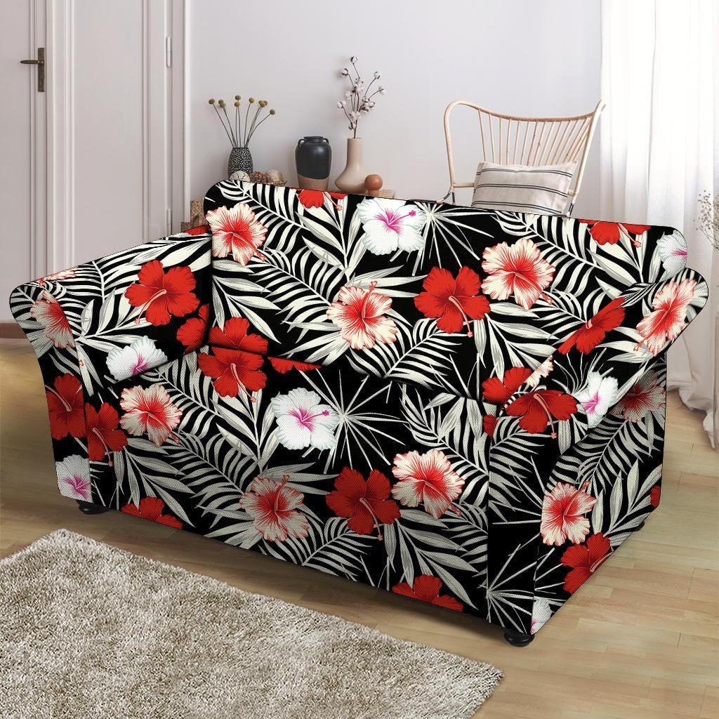 Red And White Hibiscus Flowers Hawaiian Print Loveseat Cover-grizzshop