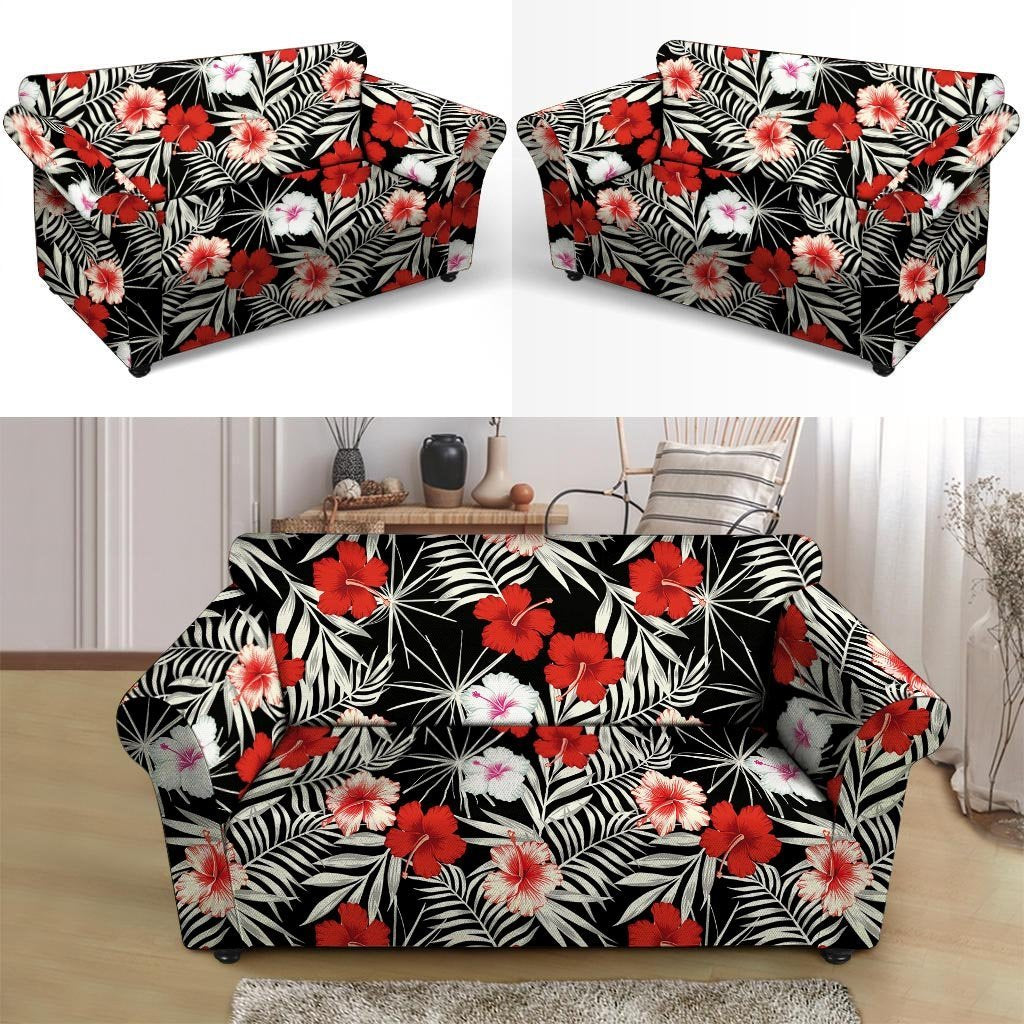 Red And White Hibiscus Flowers Hawaiian Print Loveseat Cover-grizzshop