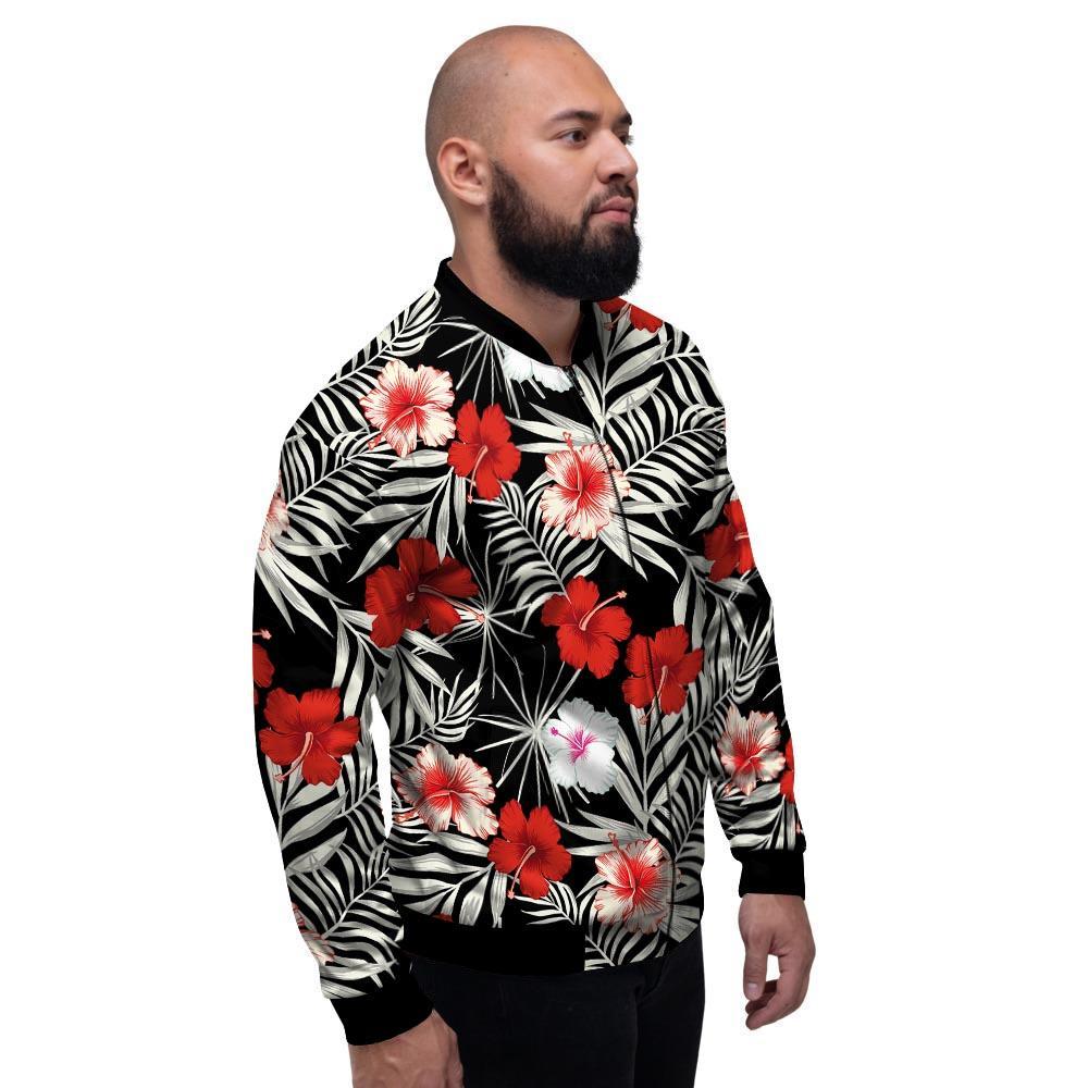 Red And White Hibiscus Flowers Hawaiian Print Men's Bomber Jacket-grizzshop