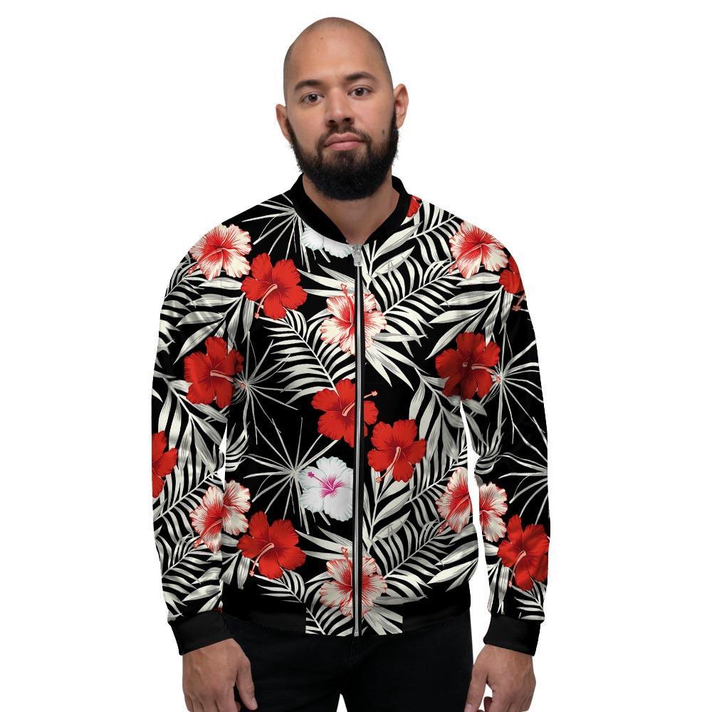 Red And White Hibiscus Flowers Hawaiian Print Men's Bomber Jacket-grizzshop